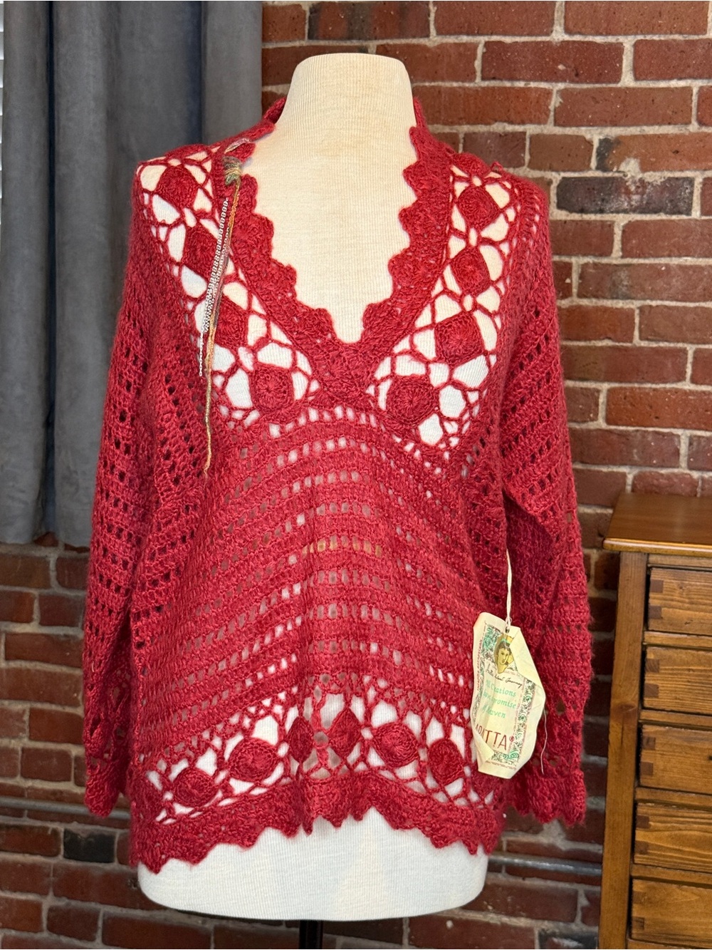 Crochet V-Neck Sweater in Soft Red, NWT #fall